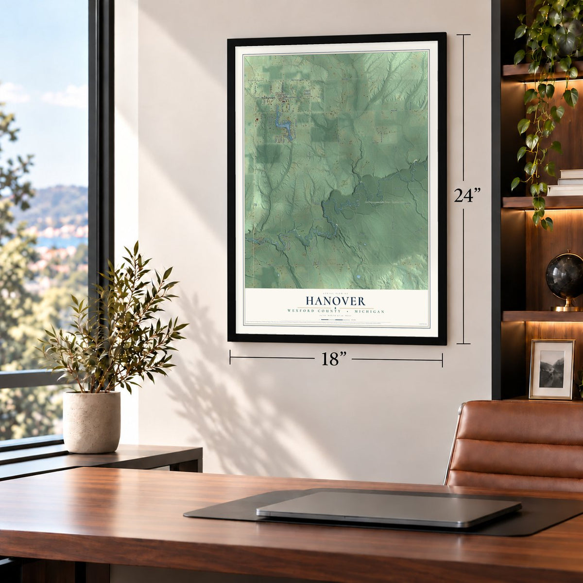 Hanover, Wexford County, Michigan map, 18 x 24 inch print in a black frame in a home office