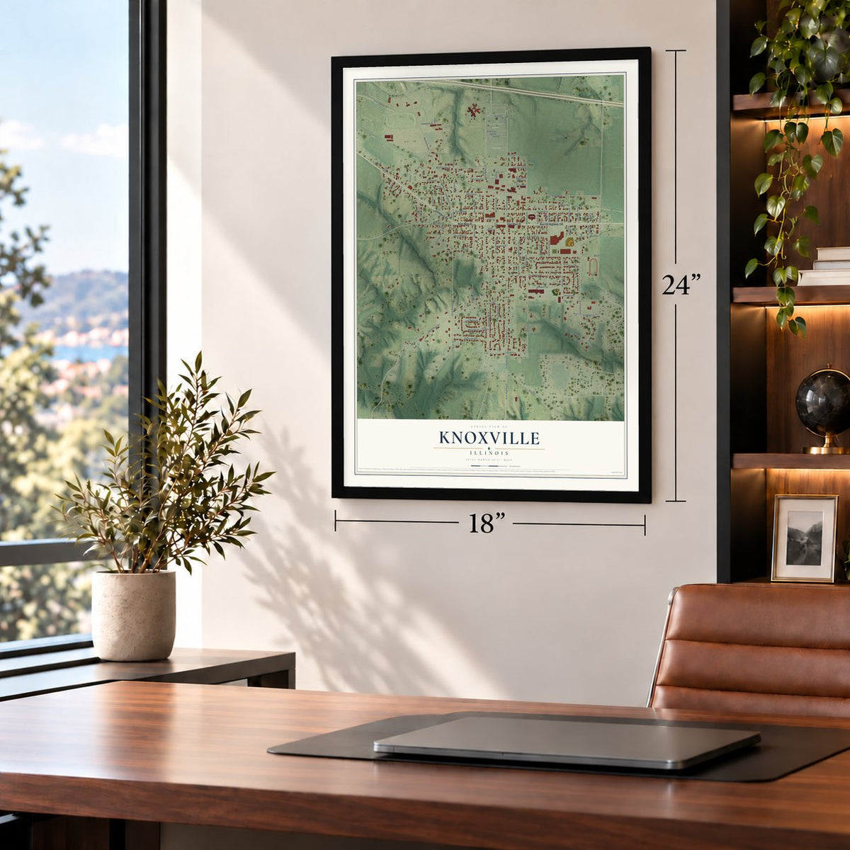 Knoxville, Illinois map, 18 x 24 inch print in a black frame in a home office