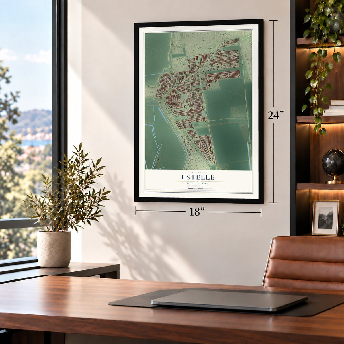 Estelle, Louisiana map, 18 x 24 inch print in a black frame in a home office