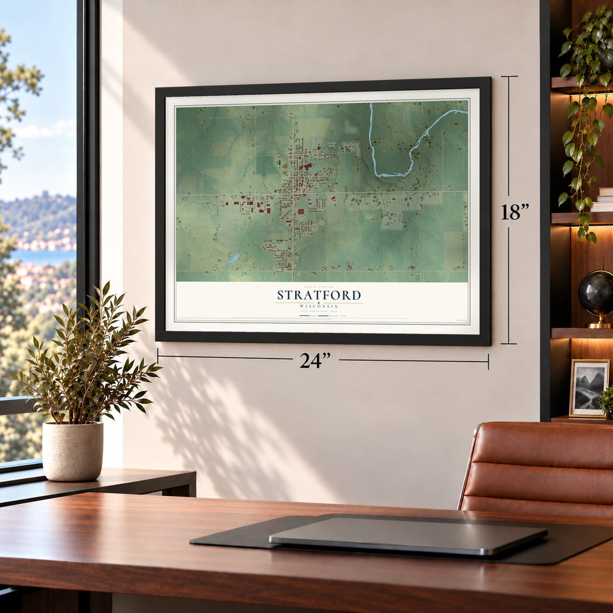 Stratford, Wisconsin map, 18 x 24 inch print in a black frame in a home office