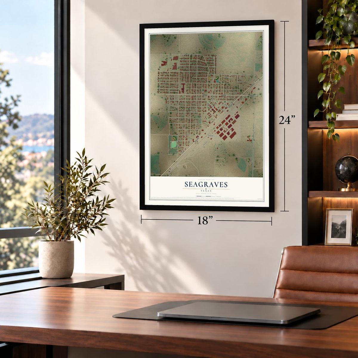 Seagraves, Texas map, 18 x 24 inch print in a black frame in a home office