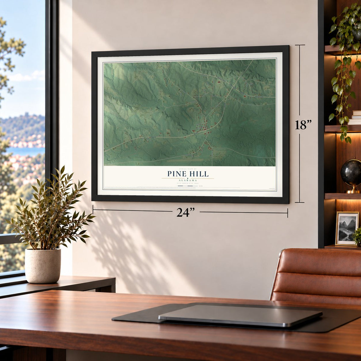 Pine Hill, Alabama map, 18 x 24 inch print in a black frame in a home office