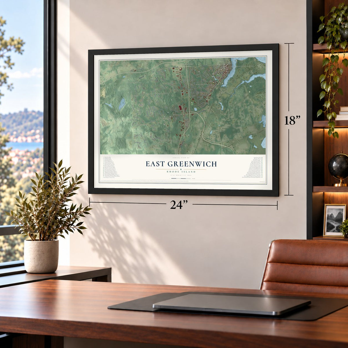 East Greenwich, Rhode Island map, 18 x 24 inch print in a black frame in a home office