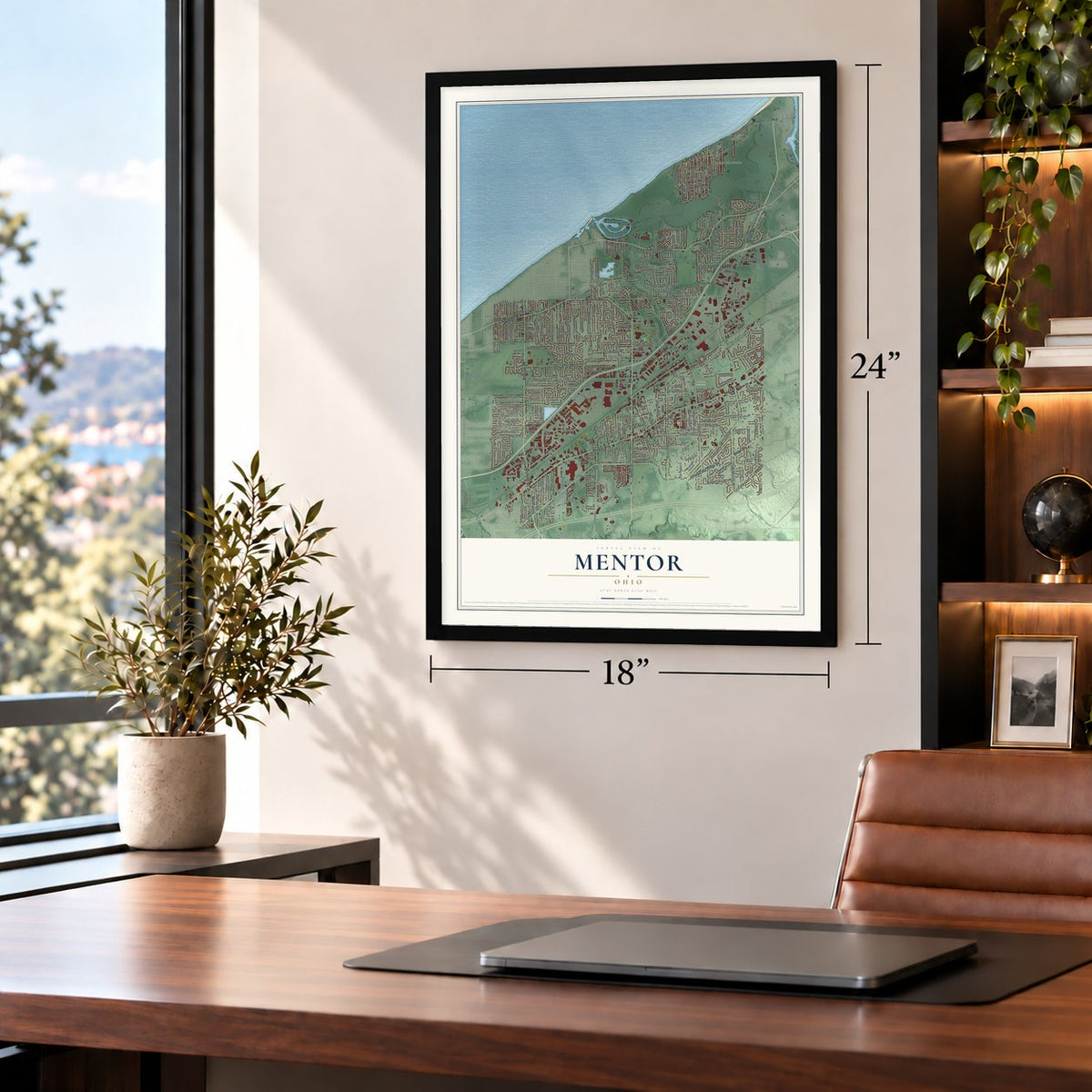 Mentor, Ohio map, 18 x 24 inch print in a black frame in a home office
