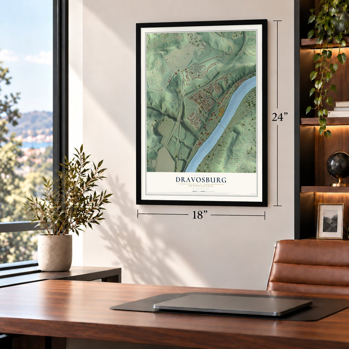 Dravosburg, Pennsylvania map, 18 x 24 inch print in a black frame in a home office