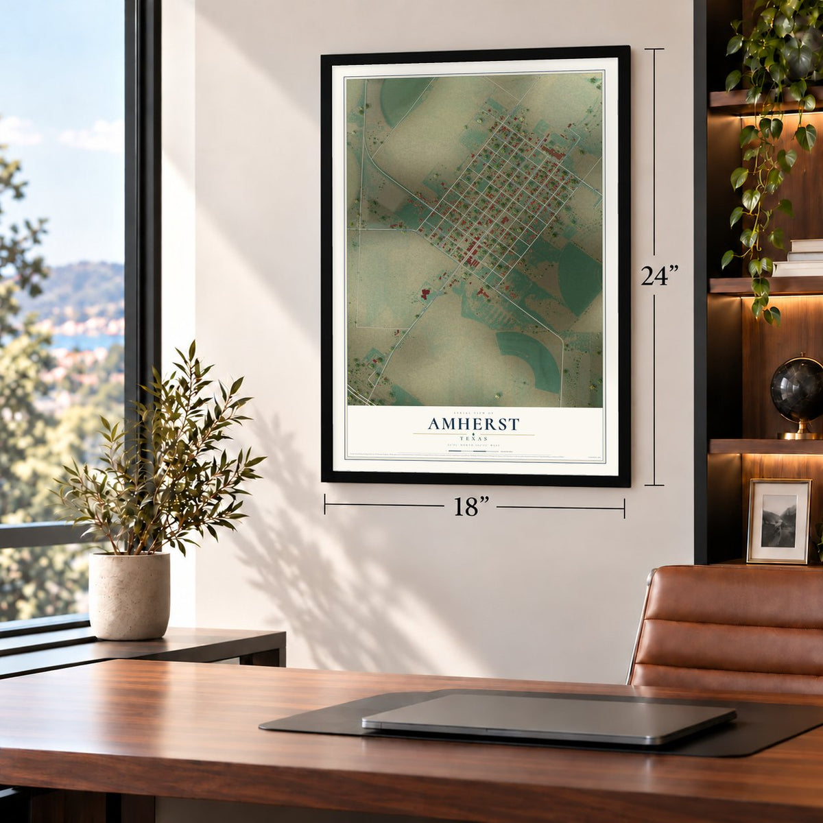 Amherst, Texas map, 18 x 24 inch print in a black frame in a home office