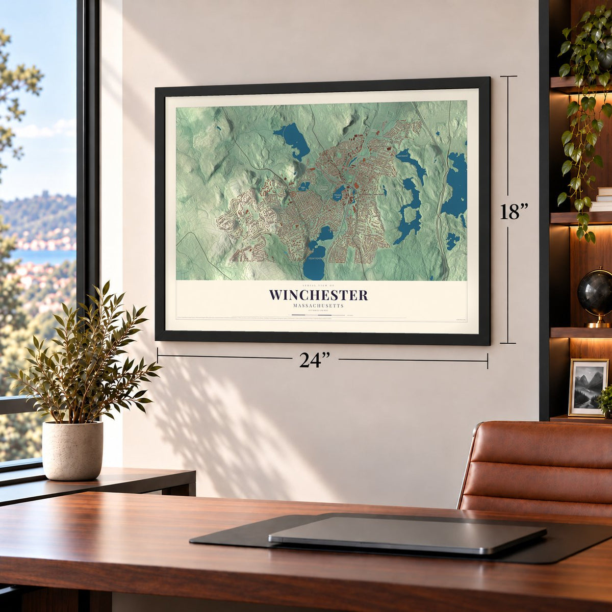 Winchester, Massachusetts map, 18 x 24 inch print in a black frame in a home office