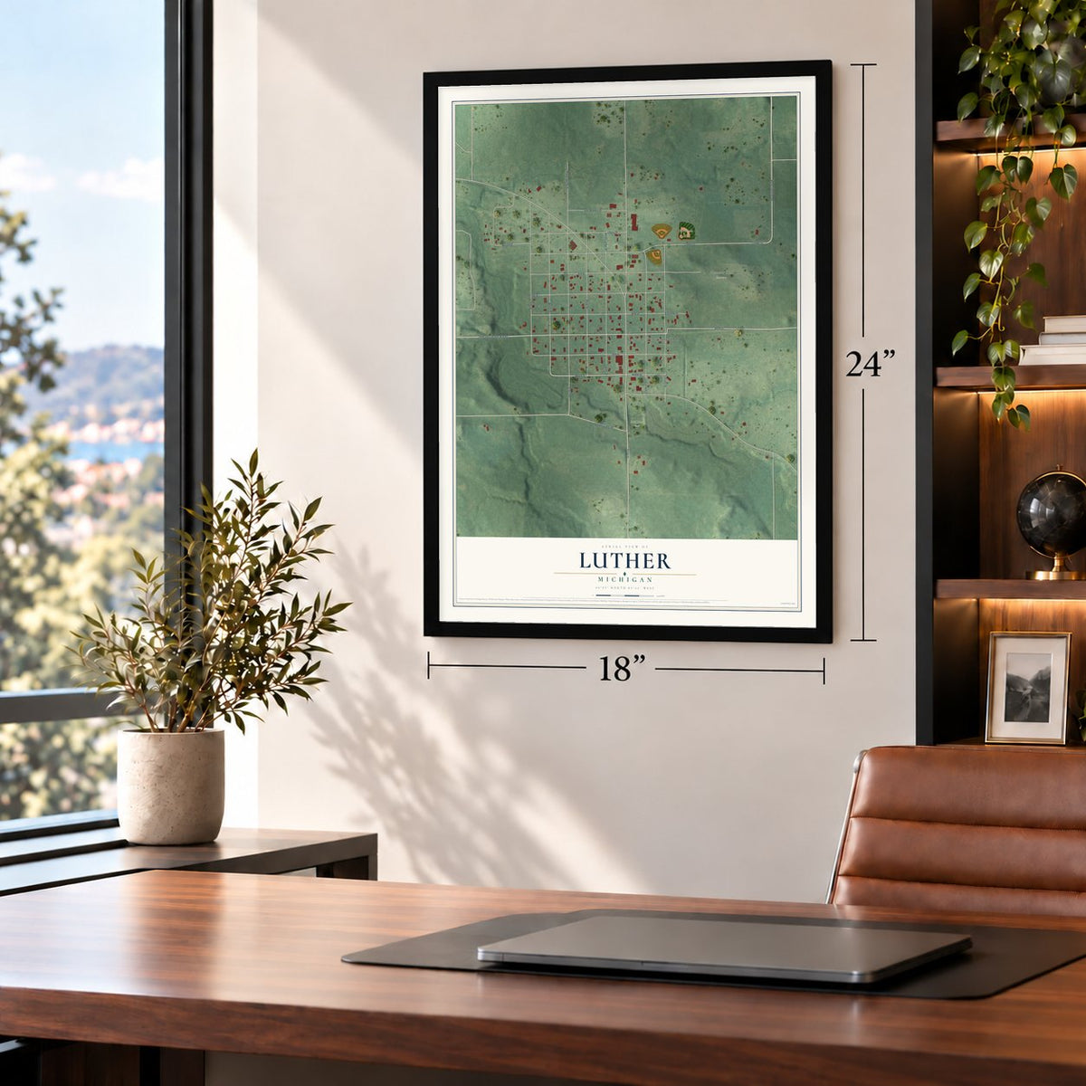 Luther, Michigan map, 18 x 24 inch print in a black frame in a home office