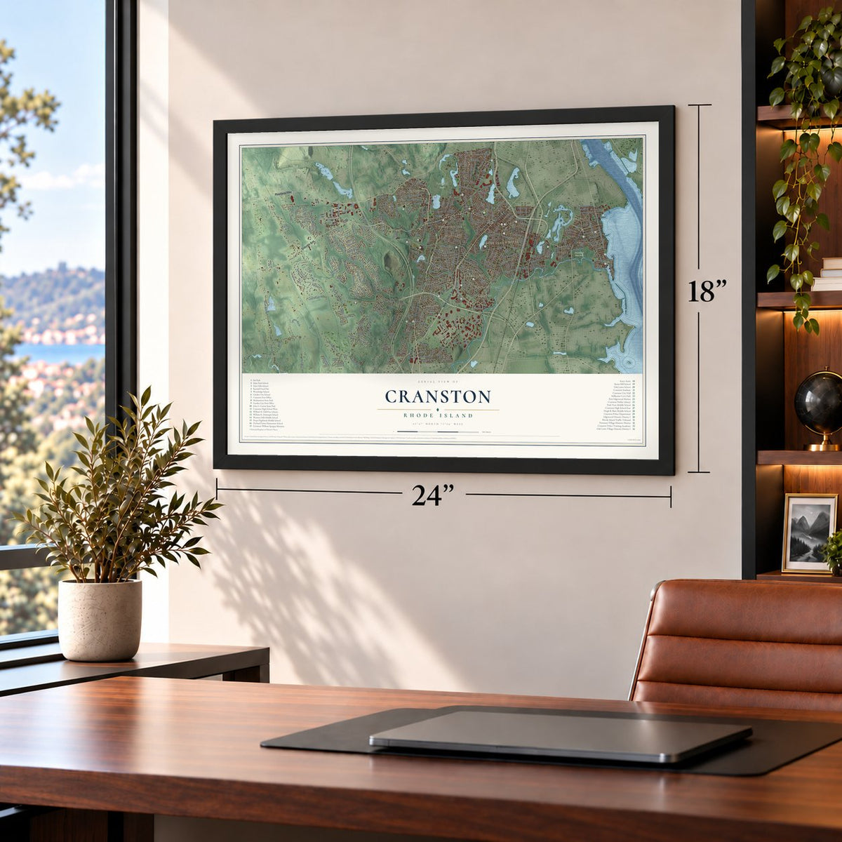 Cranston, Rhode Island map, 18 x 24 inch print in a black frame in a home office