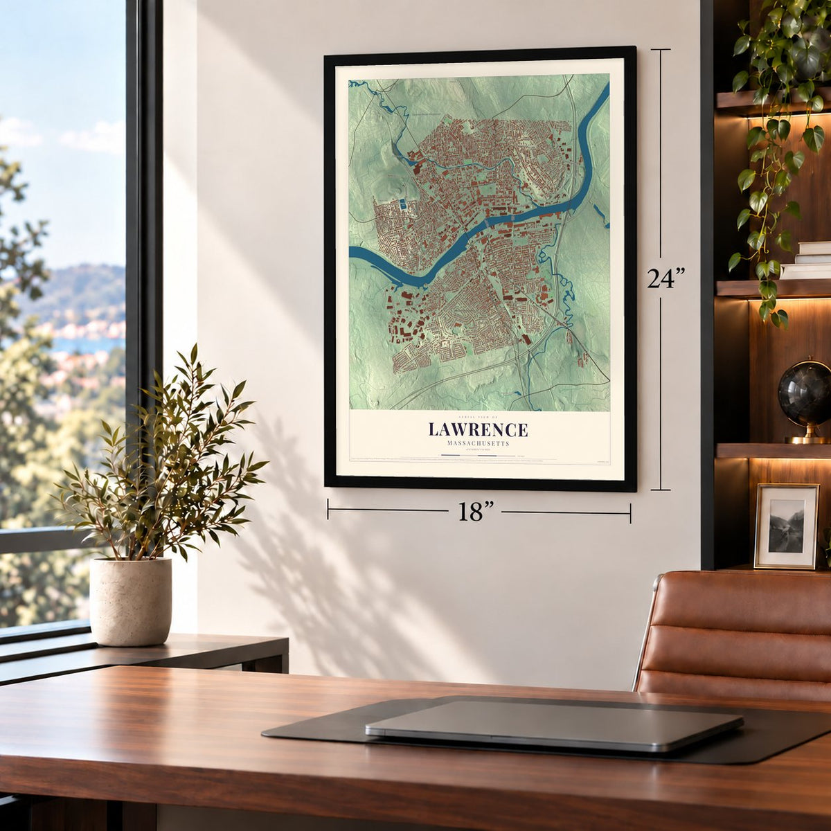 Lawrence, Massachusetts map, 18 x 24 inch print in a black frame in a home office