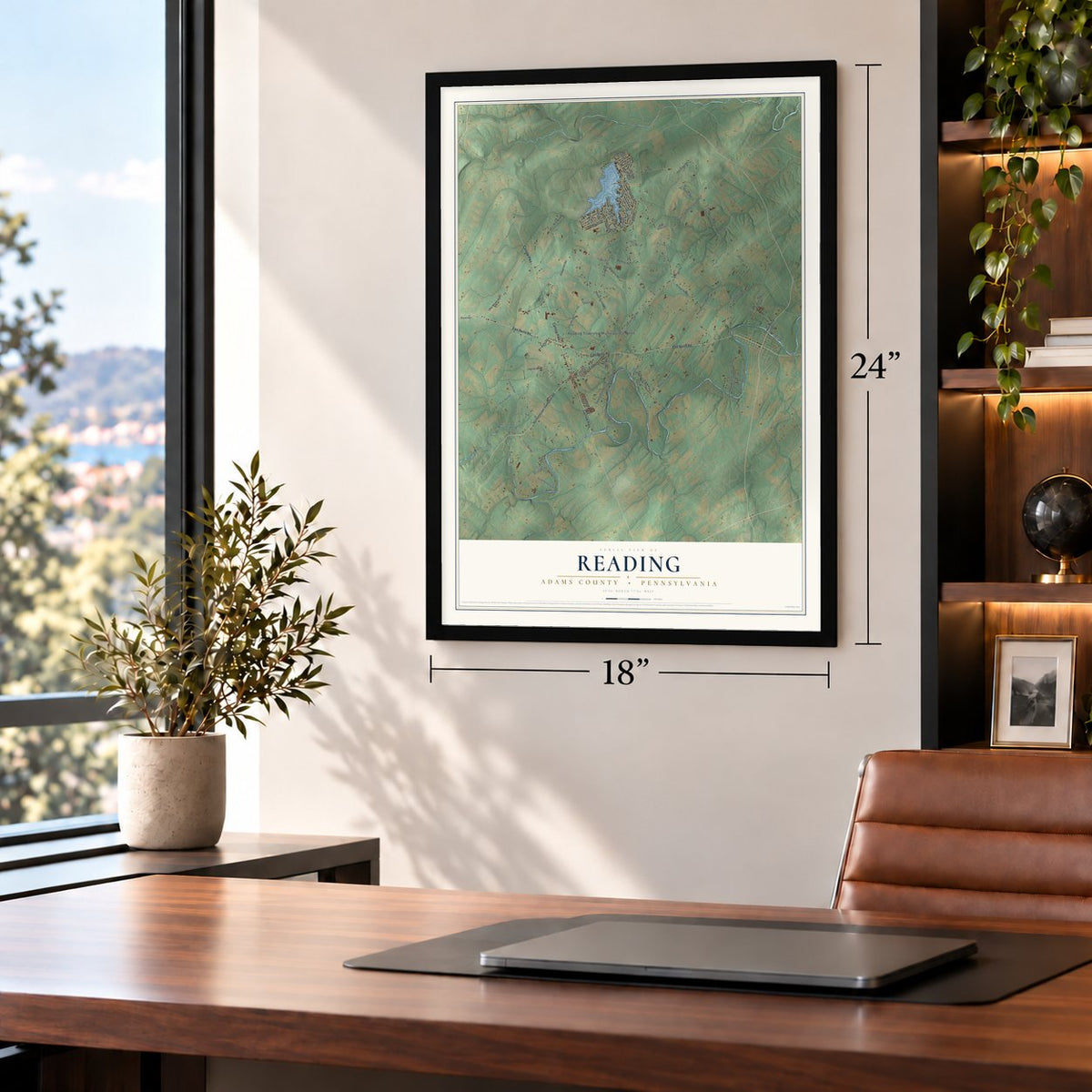 Reading, Adams County, Pennsylvania map, 18 x 24 inch print in a black frame in a home office
