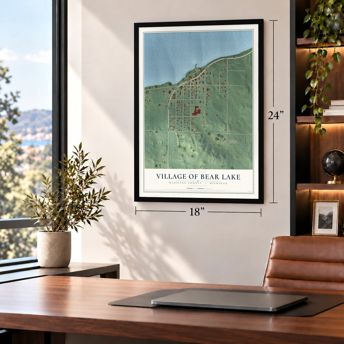 Bear Lake, Michigan map, 18 x 24 inch print in a black frame in a home office