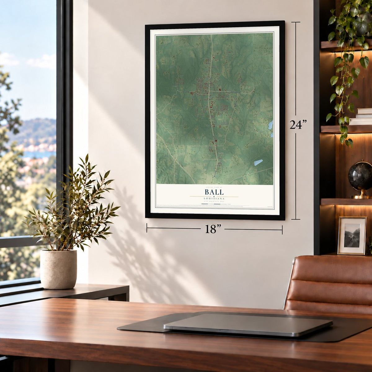 Ball, Louisiana map, 18 x 24 inch print in a black frame in a home office