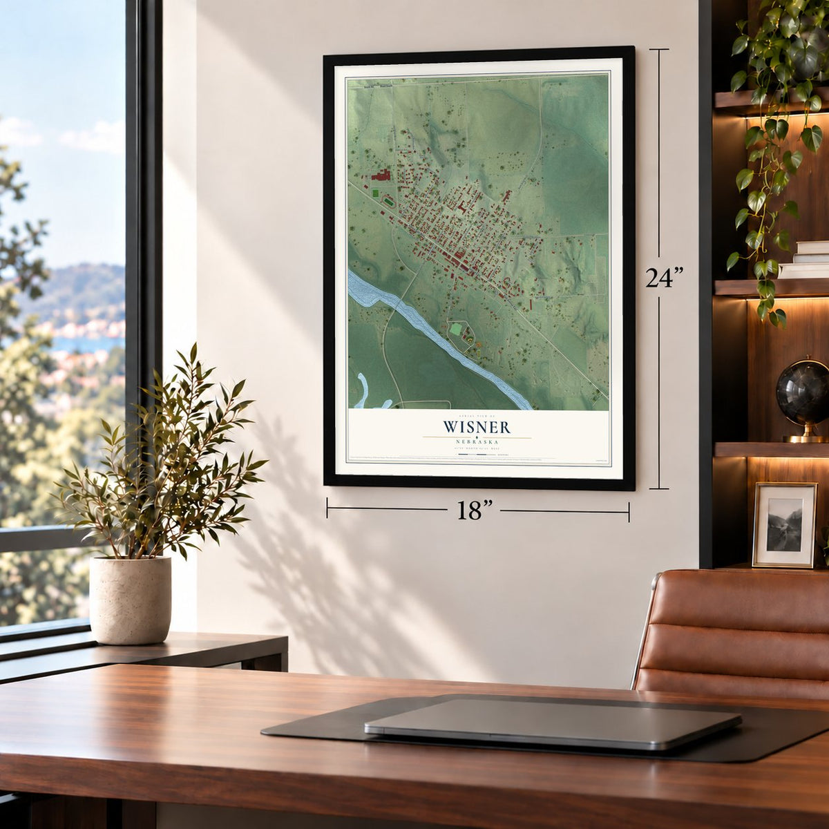 Wisner, Nebraska map, 18 x 24 inch print in a black frame in a home office