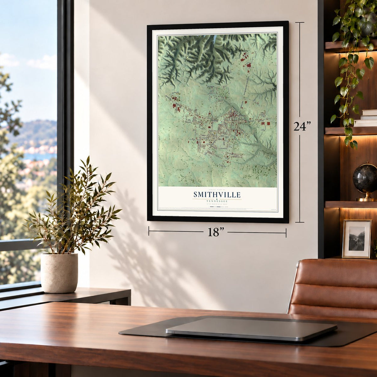 Smithville, Tennessee map, 18 x 24 inch print in a black frame in a home office