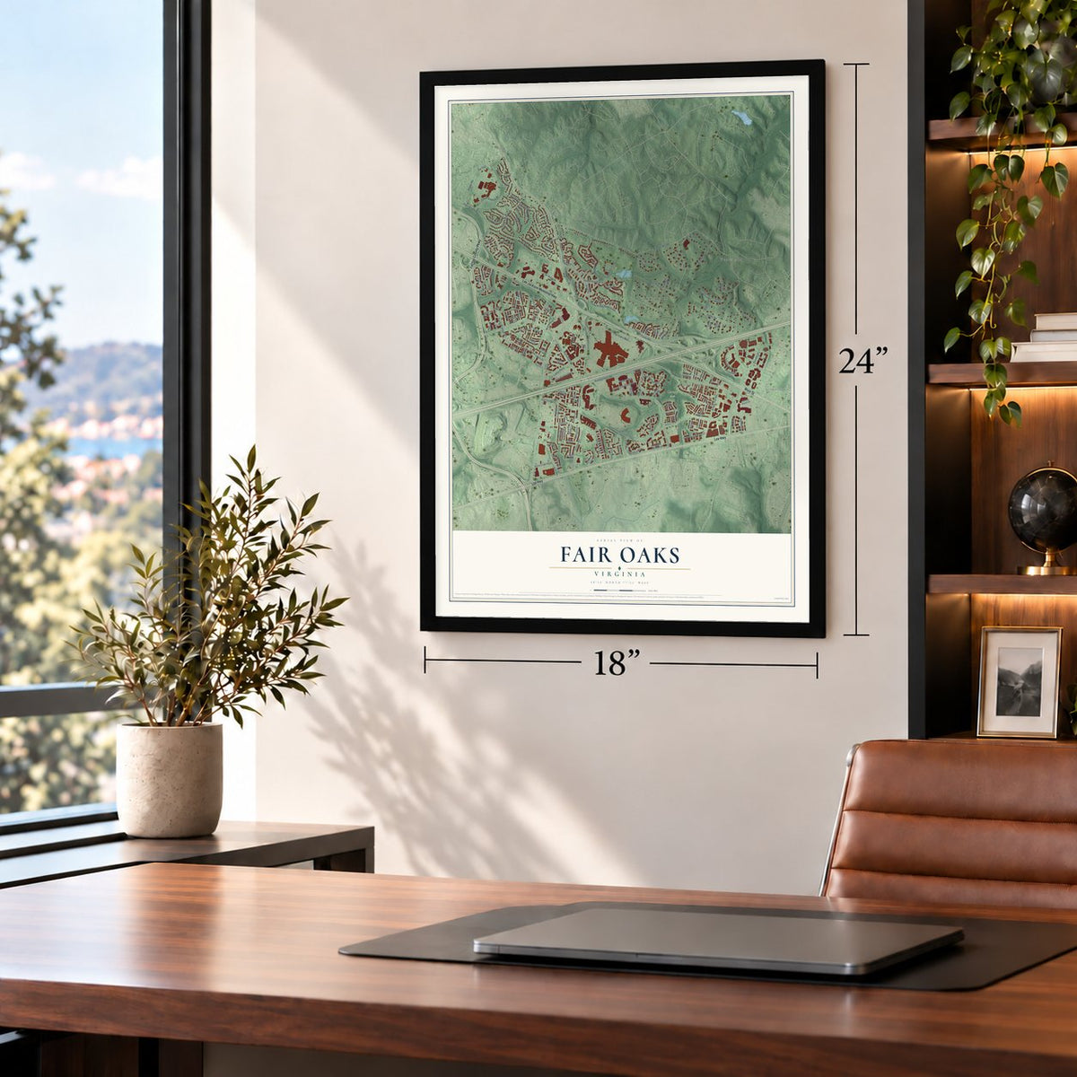 Fair Oaks, Virginia map, 18 x 24 inch print in a black frame in a home office