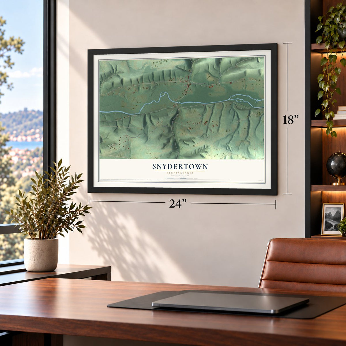 Snydertown, Pennsylvania map, 18 x 24 inch print in a black frame in a home office