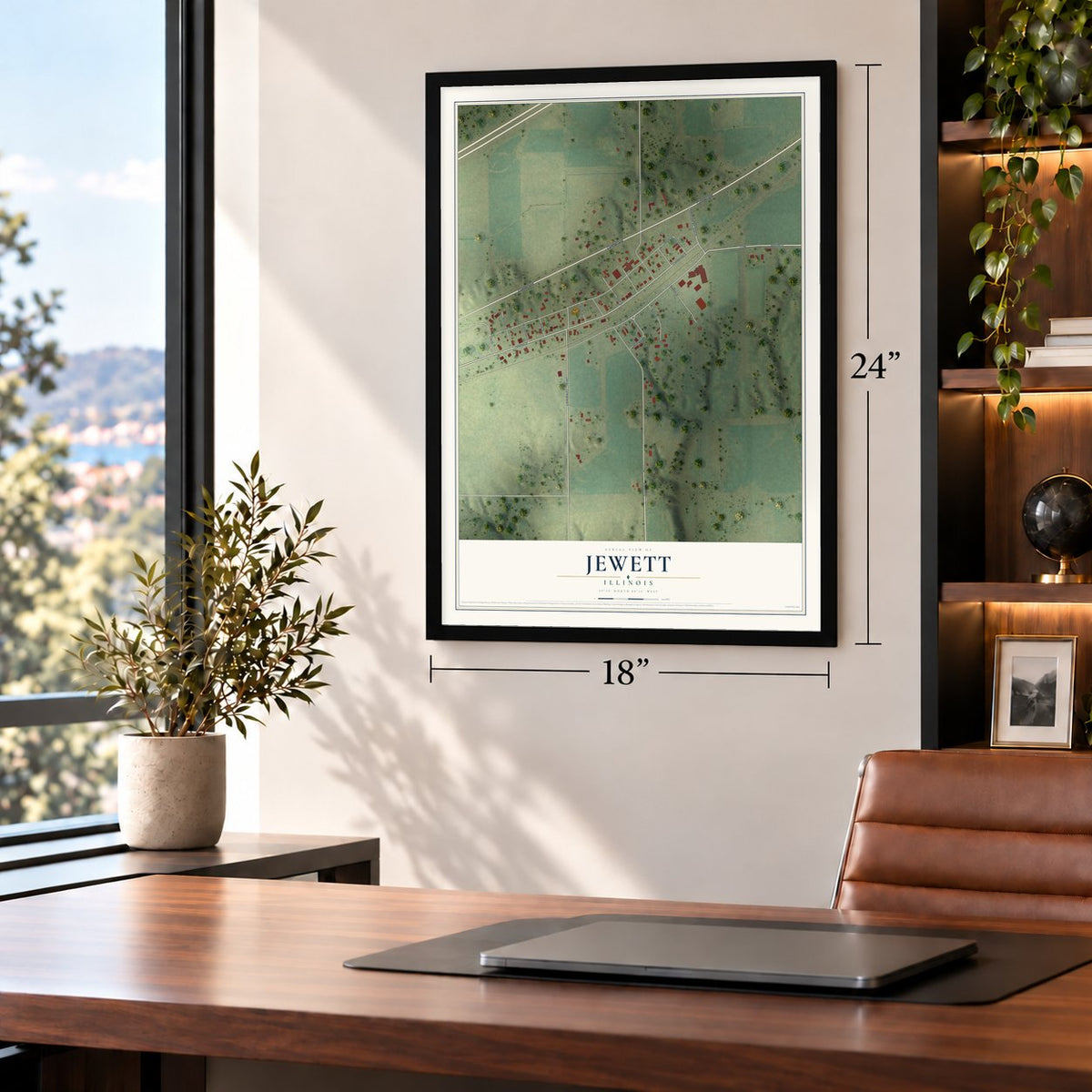 Jewett, Illinois map, 18 x 24 inch print in a black frame in a home office