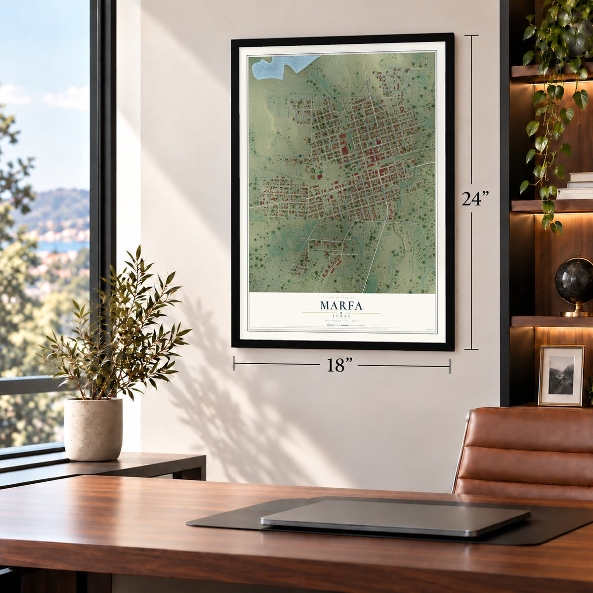 Marfa, Texas map, 18 x 24 inch print in a black frame in a home office