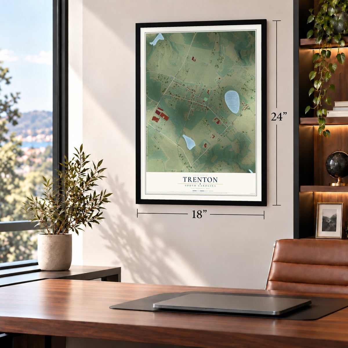 Trenton, South Carolina map, 18 x 24 inch print in a black frame in a home office