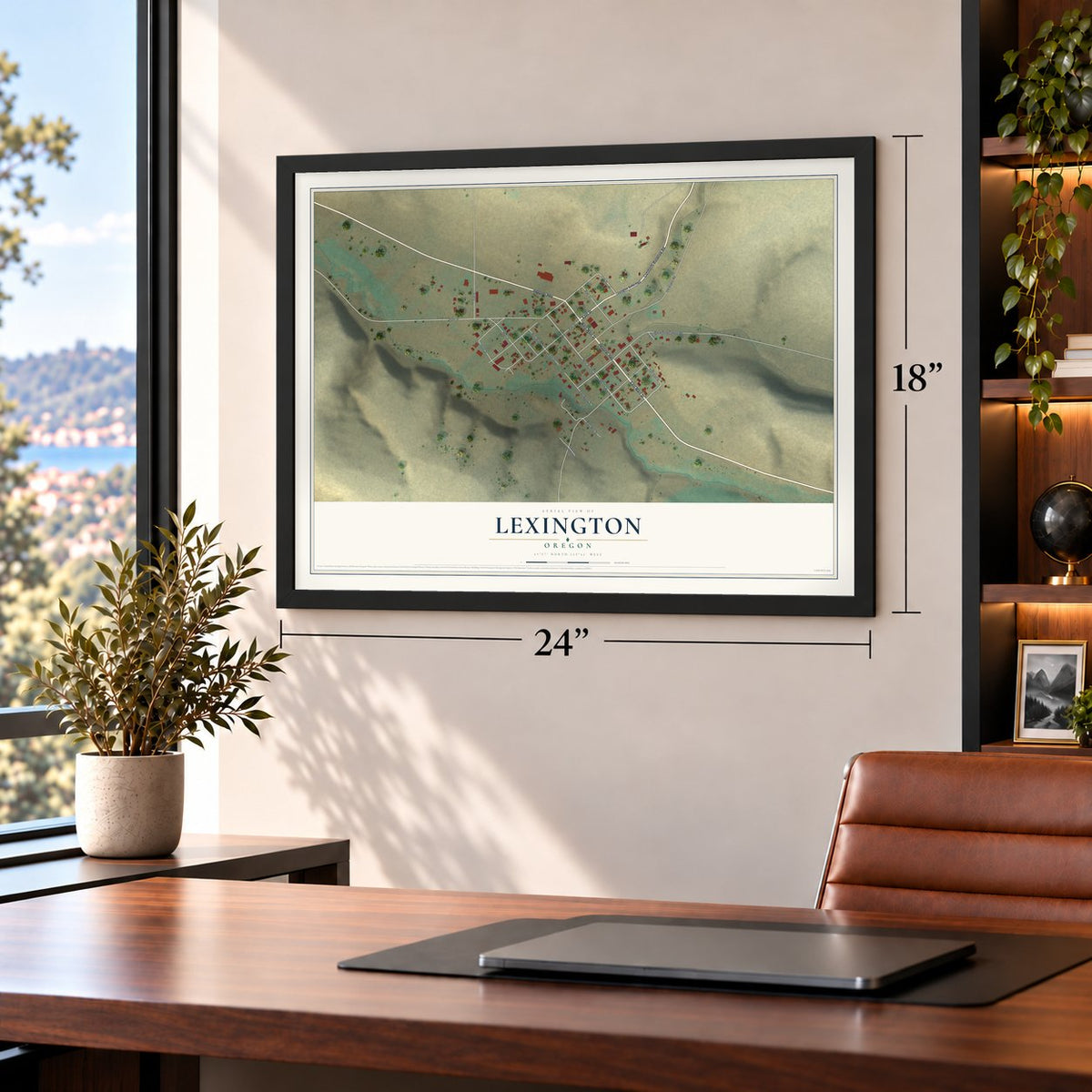 Lexington, Oregon map, 18 x 24 inch print in a black frame in a home office