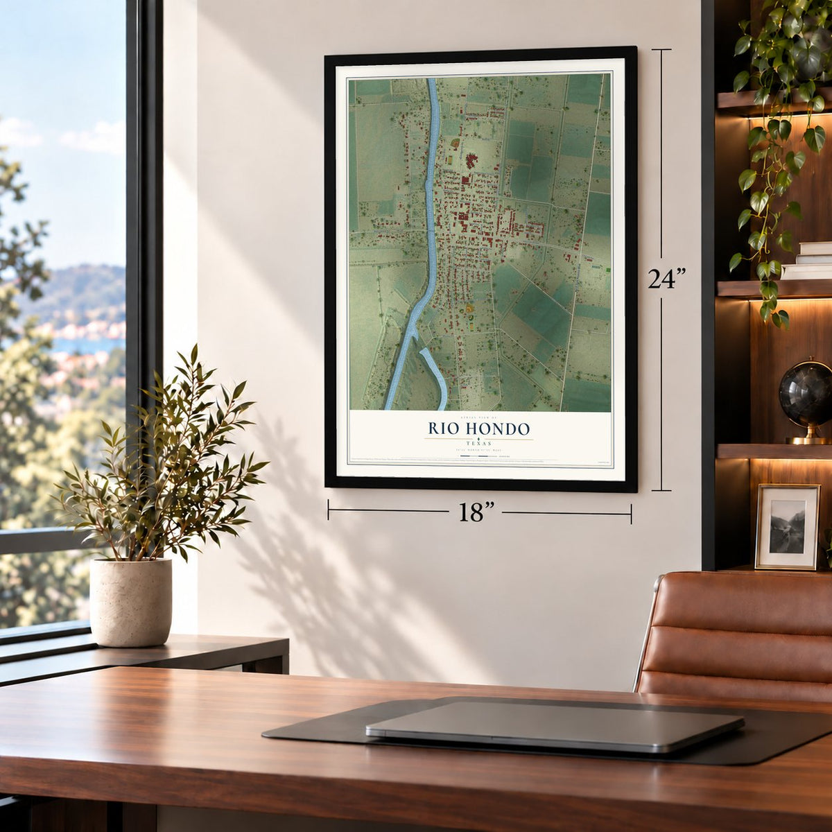 Rio Hondo, Texas map, 18 x 24 inch print in a black frame in a home office