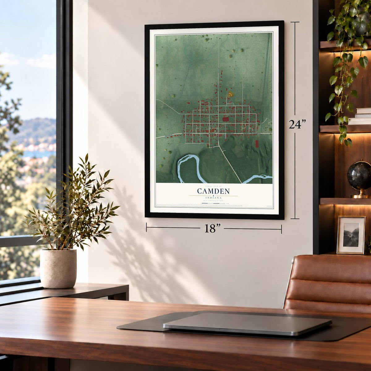 Camden, Indiana map, 18 x 24 inch print in a black frame in a home office
