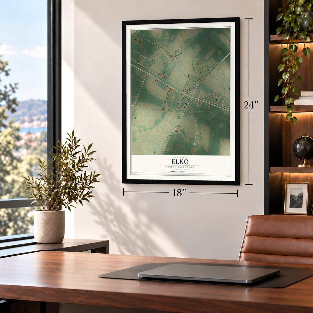 Elko, South Carolina map, 18 x 24 inch print in a black frame in a home office