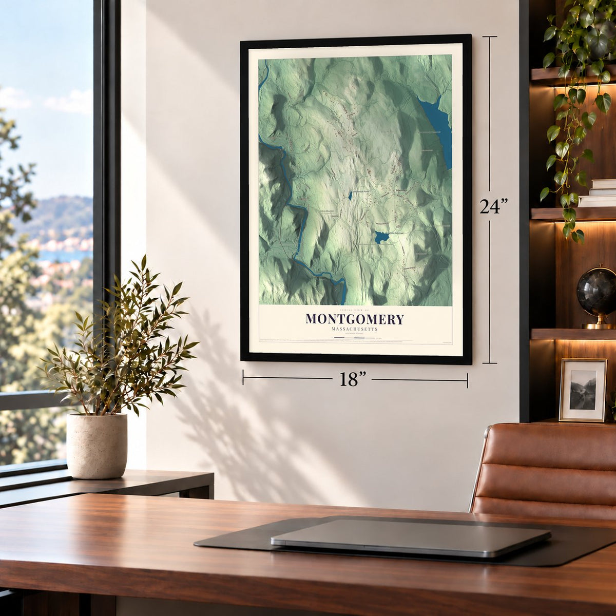 Montgomery, Massachusetts map, 18 x 24 inch print in a black frame in a home office
