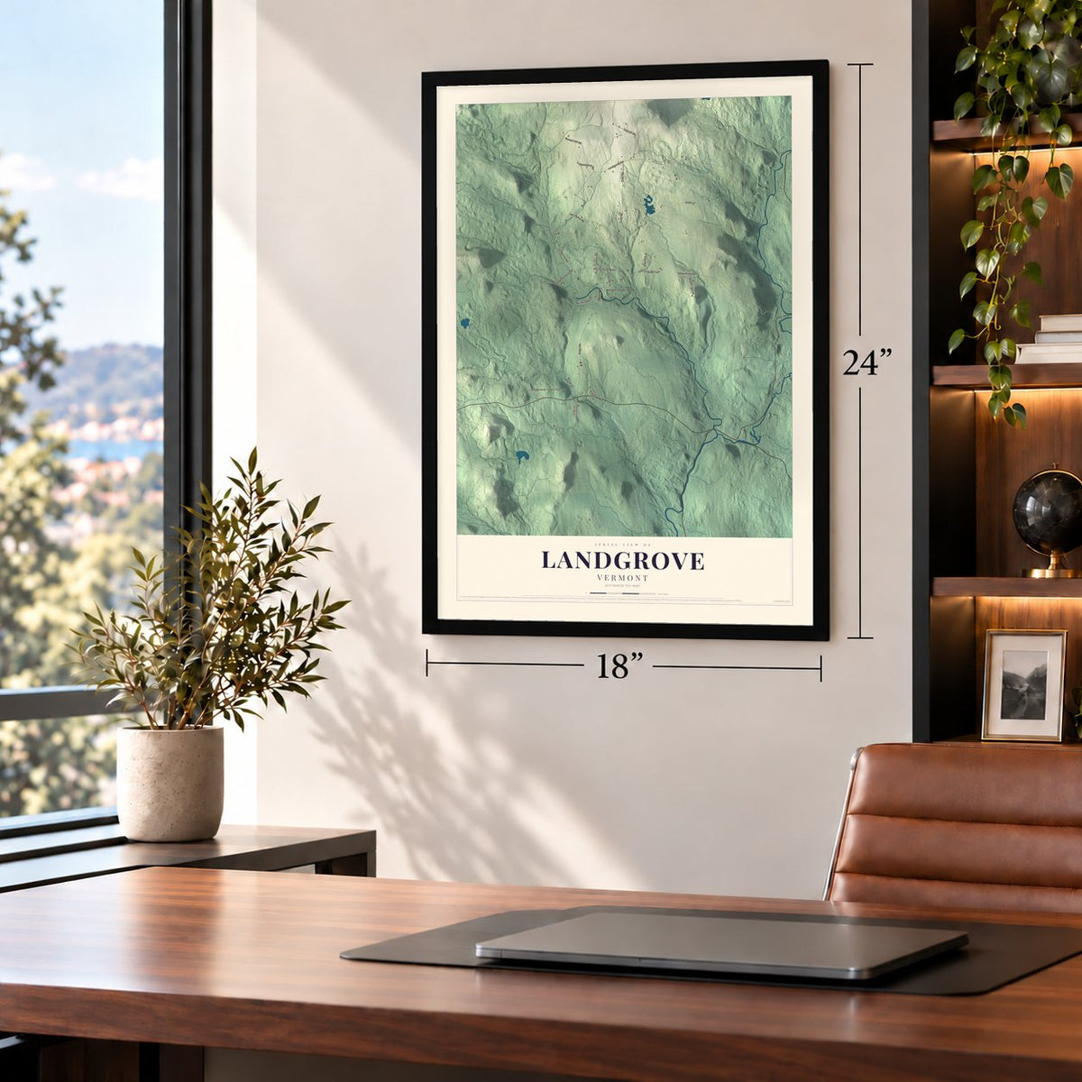 Landgrove, Vermont map, 18 x 24 inch print in a black frame in a home office