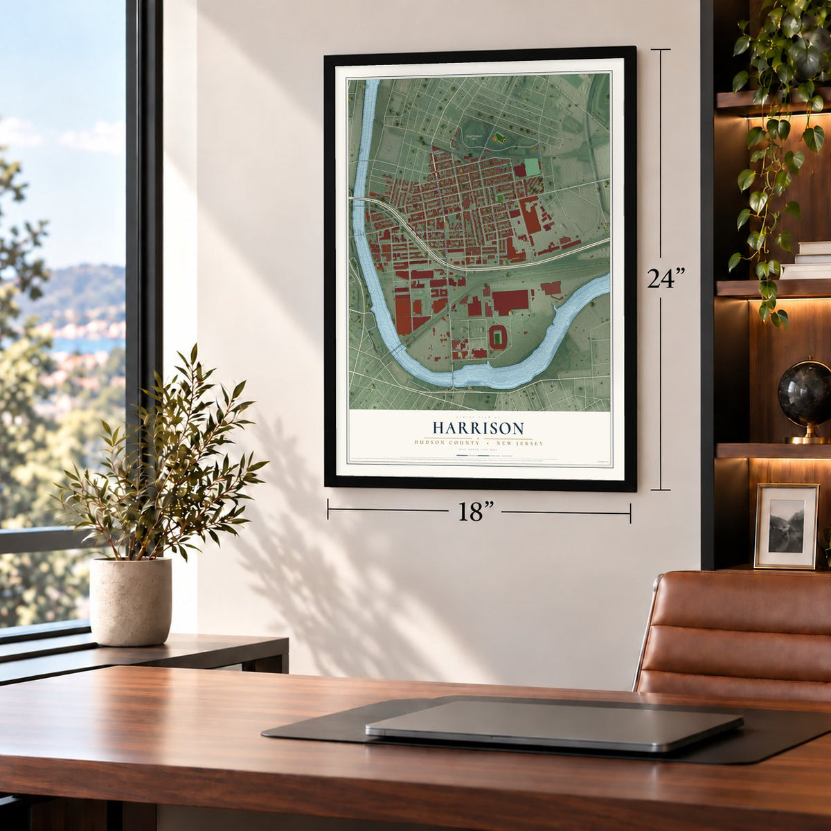 Harrison, Hudson County, New Jersey map, 18 x 24 inch print in a black frame in a home office