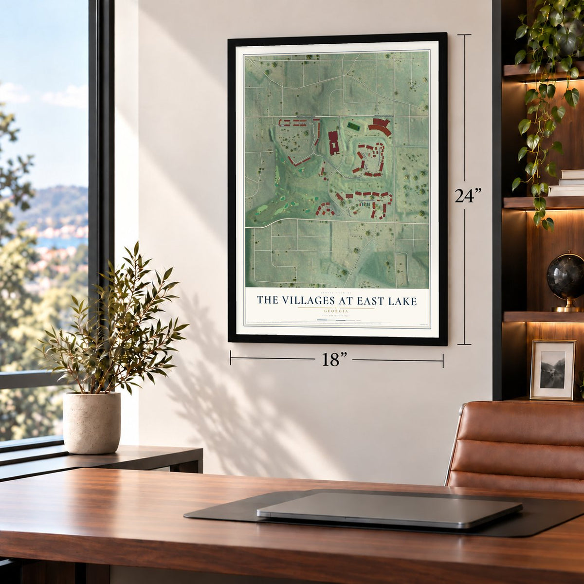 The Villages at East Lake, Georgia map, 18 x 24 inch print in a black frame in a home office
