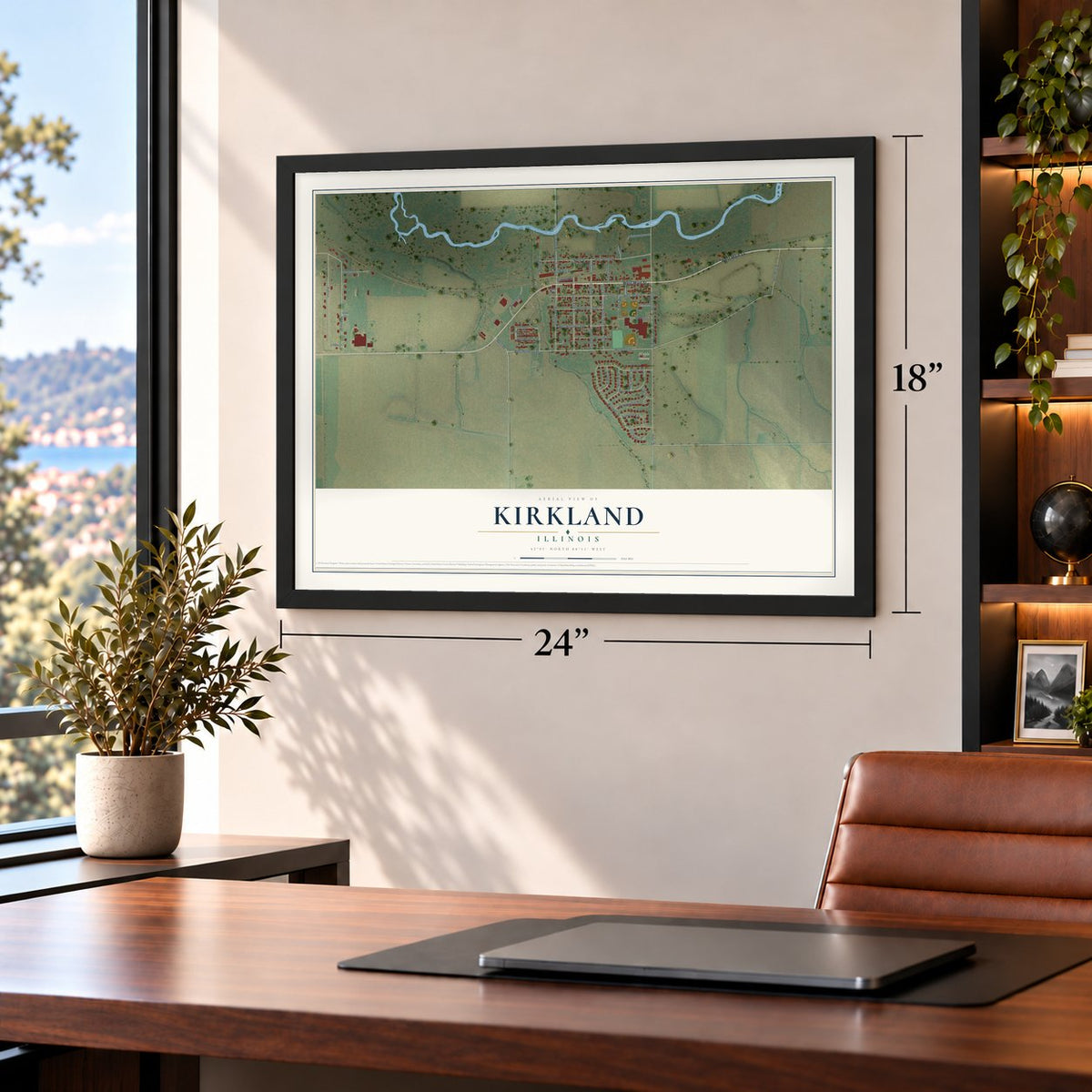 Kirkland, Illinois map, 18 x 24 inch print in a black frame in a home office