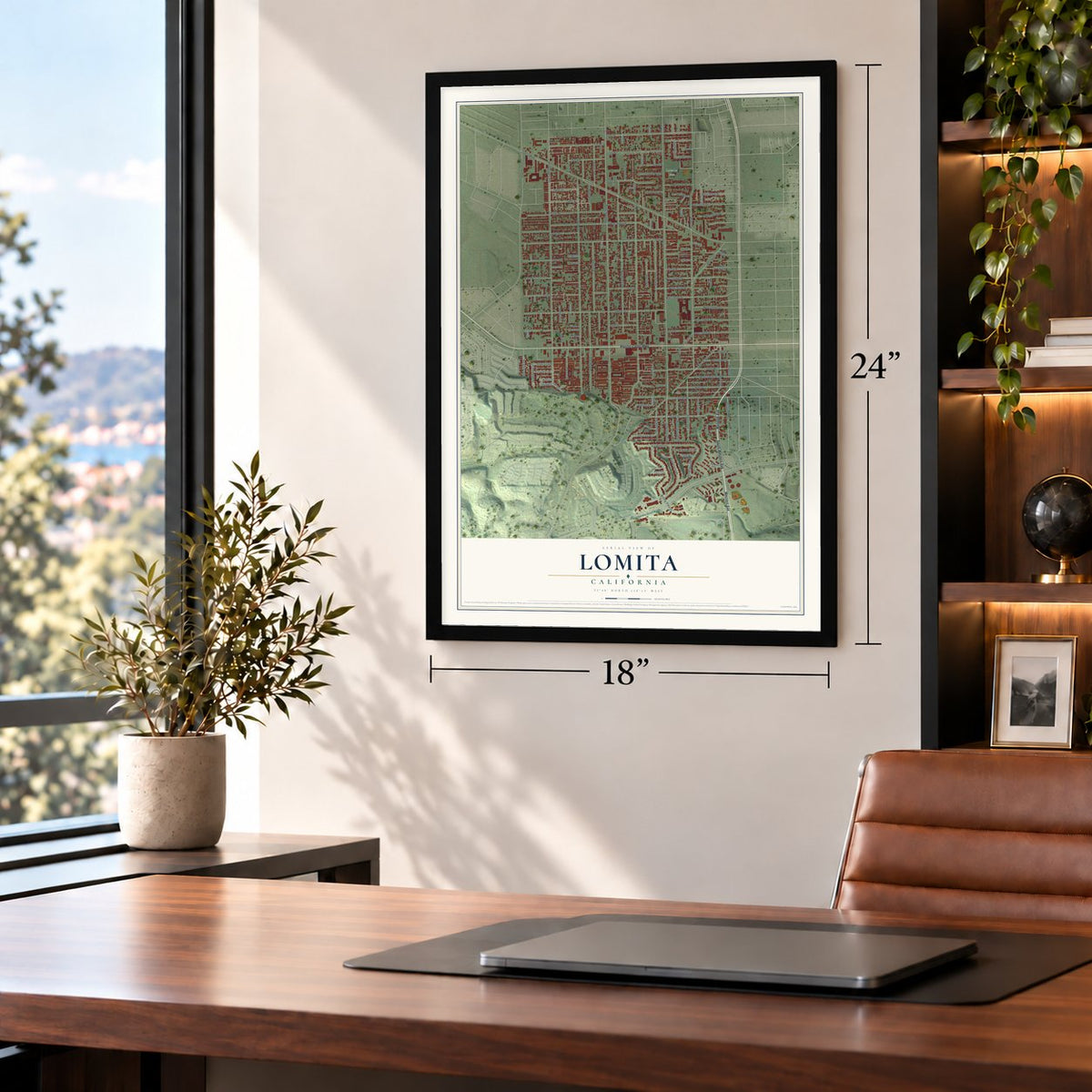 Lomita, California map, 18 x 24 inch print in a black frame in a home office