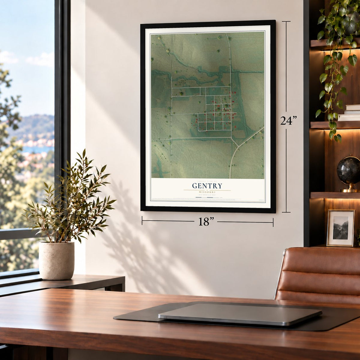 Gentry, Missouri map, 18 x 24 inch print in a black frame in a home office