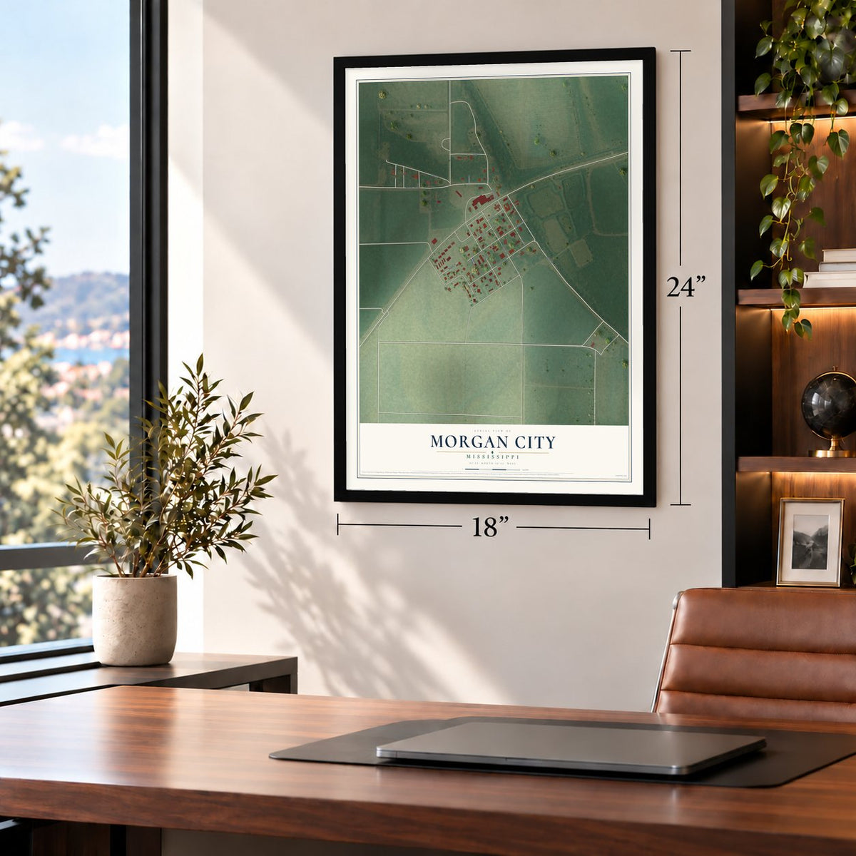 Morgan City, Mississippi map, 18 x 24 inch print in a black frame in a home office