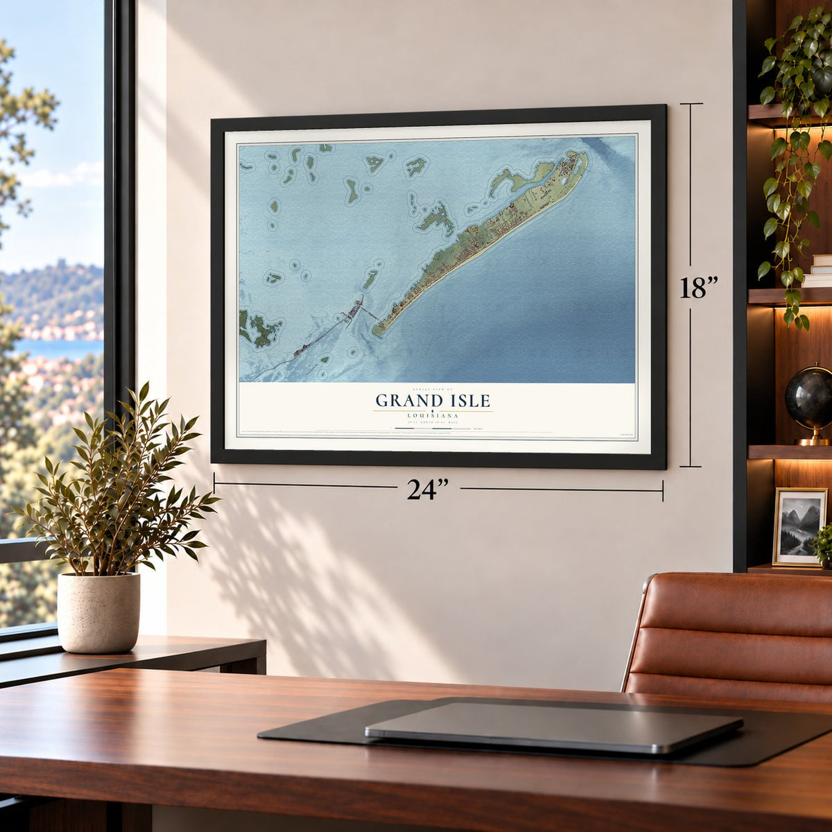 Grand Isle, Louisiana map, 18 x 24 inch print in a black frame in a home office