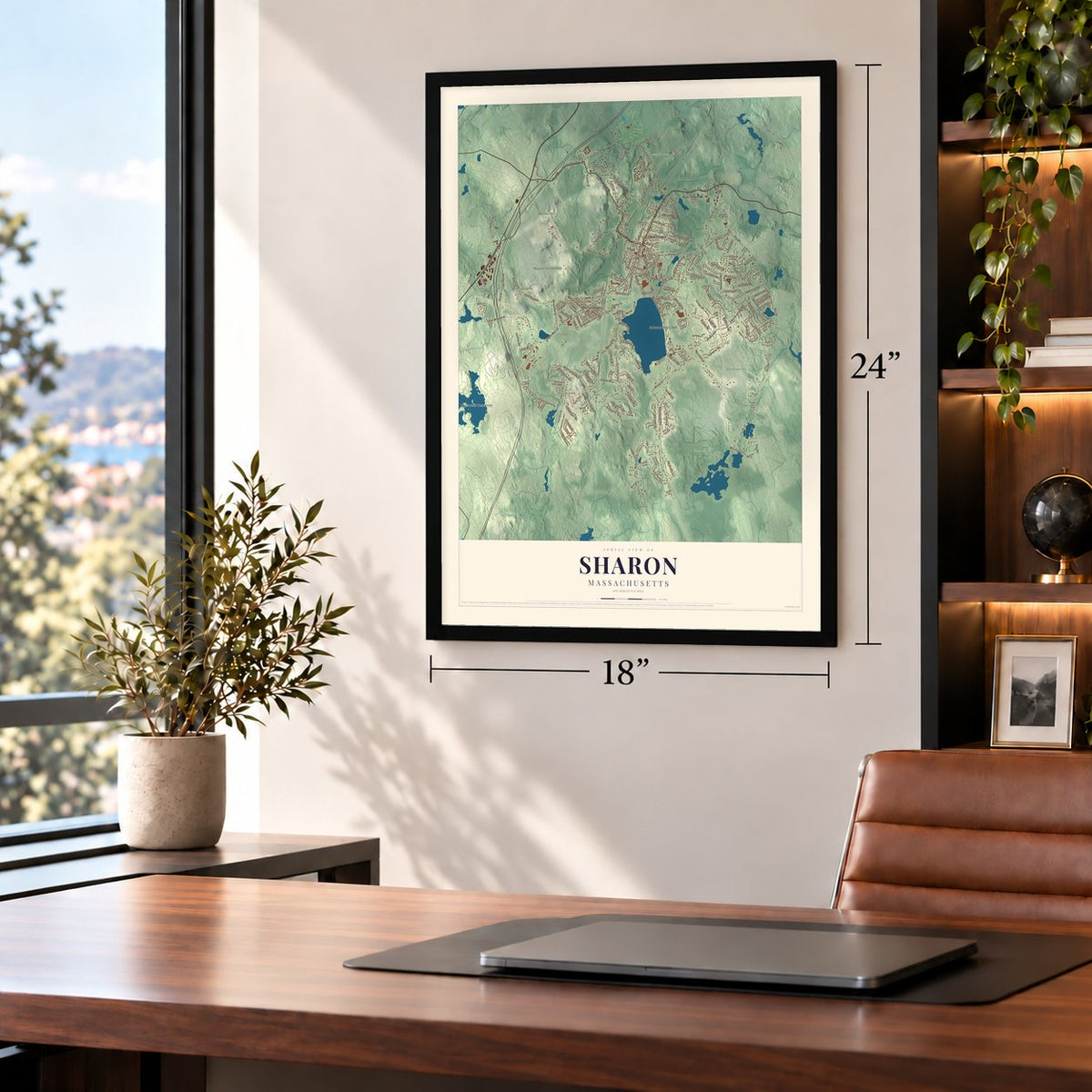 Sharon, Massachusetts map, 18 x 24 inch print in a black frame in a home office