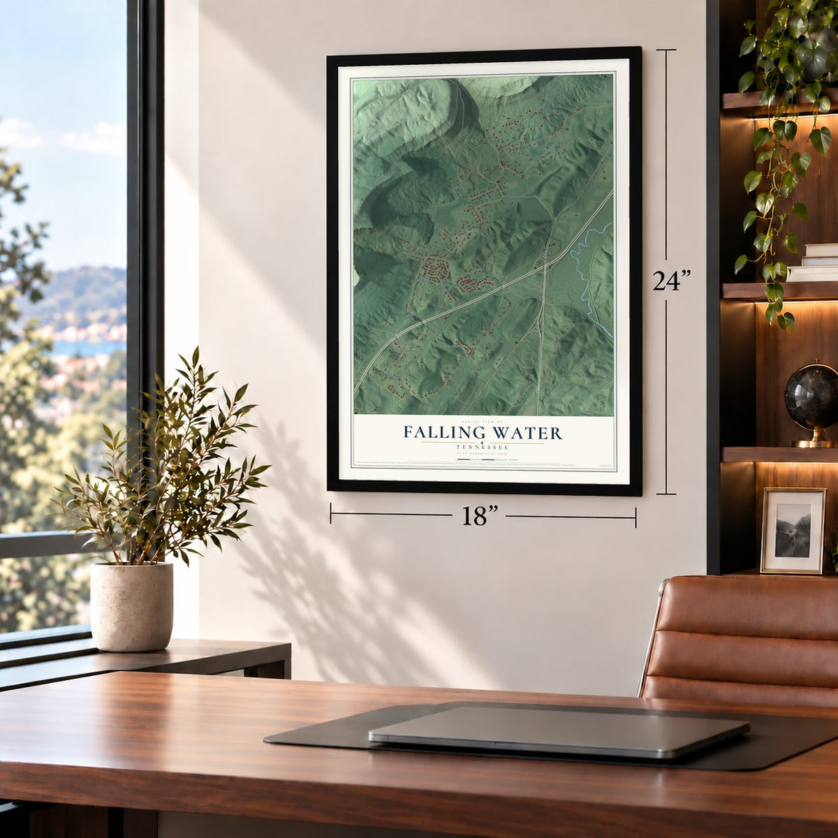 Falling Water, Tennessee map, 18 x 24 inch print in a black frame in a home office