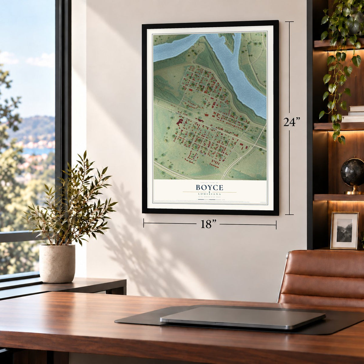 Boyce, Louisiana map, 18 x 24 inch print in a black frame in a home office