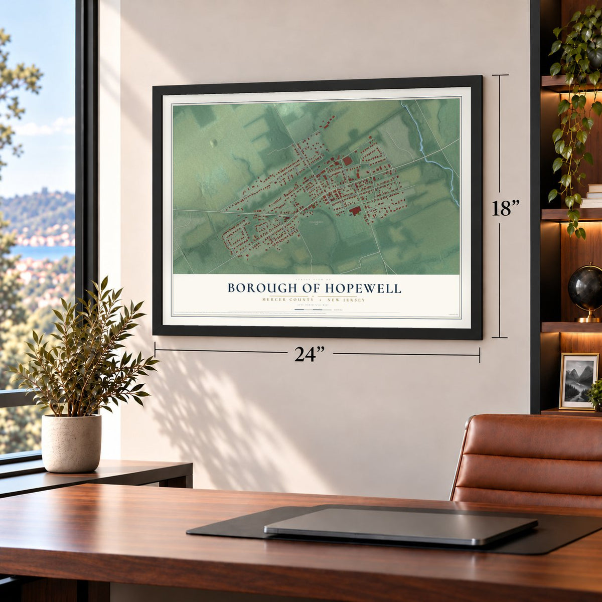 Borough of Hopewell, Mercer County, New Jersey map, 18 x 24 inch print in a black frame in a home office