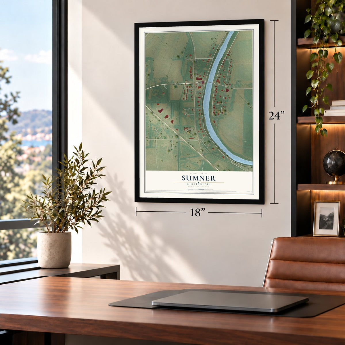 Sumner, Mississippi map, 18 x 24 inch print in a black frame in a home office