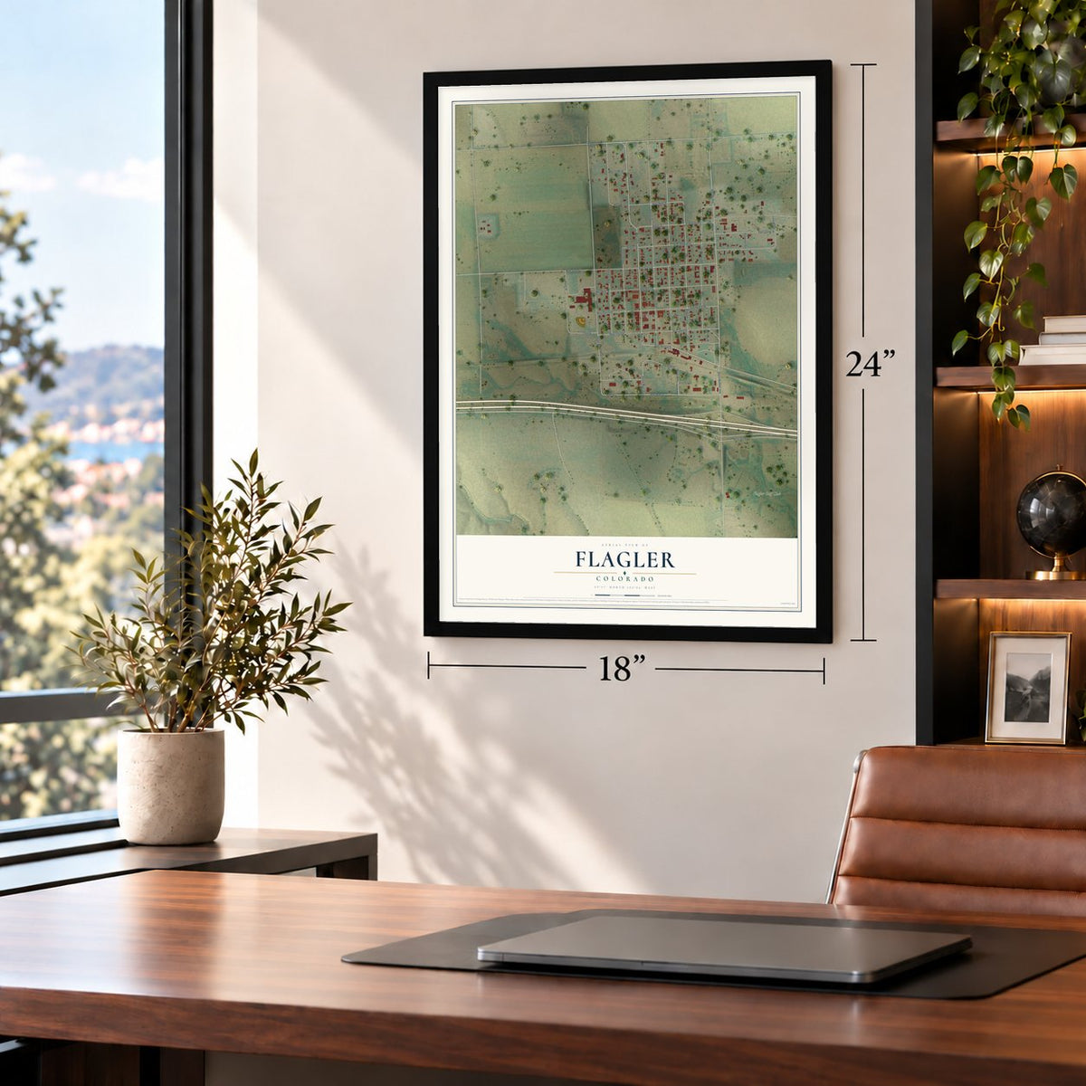 Flagler, Colorado map, 18 x 24 inch print in a black frame in a home office