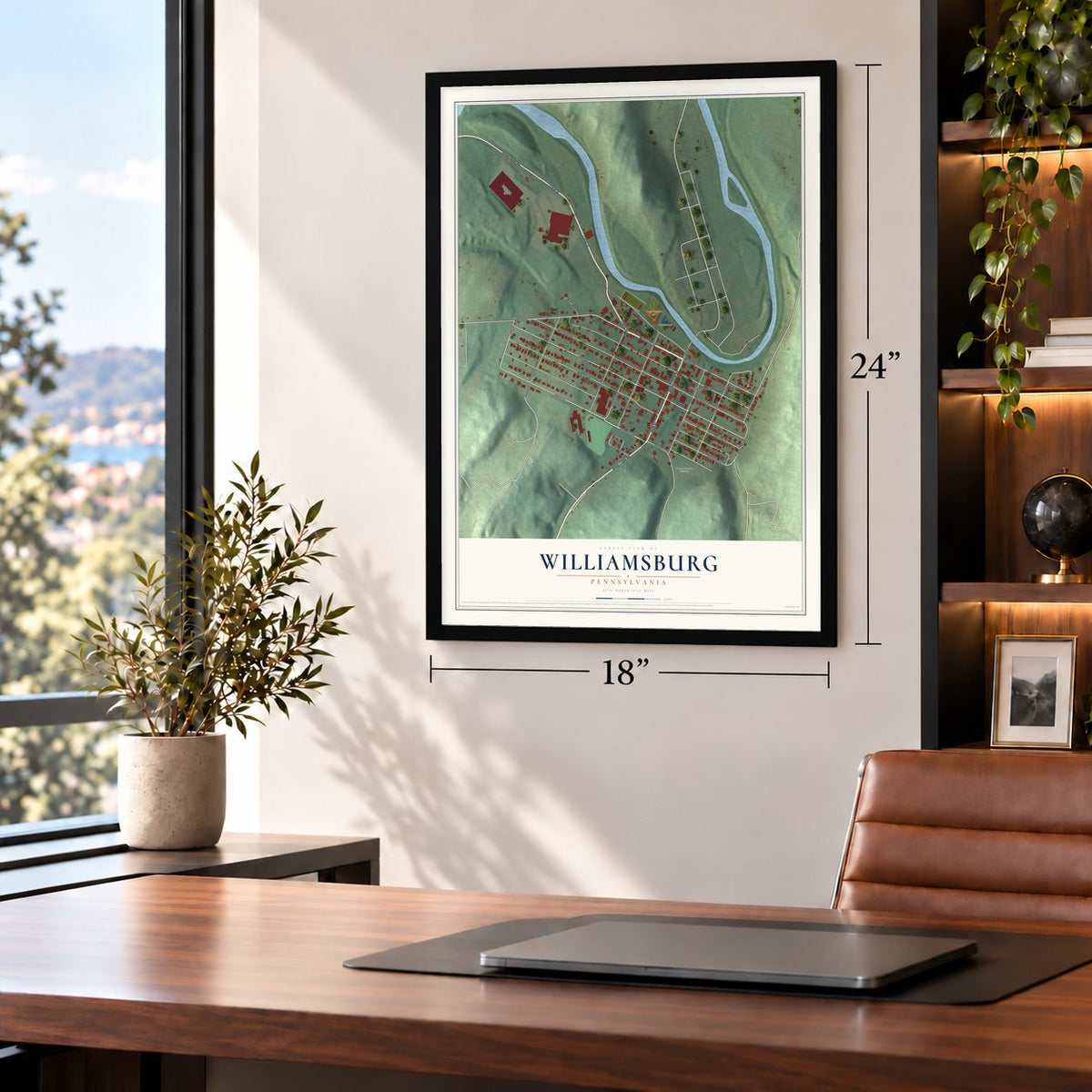 Williamsburg, Pennsylvania map, 18 x 24 inch print in a black frame in a home office
