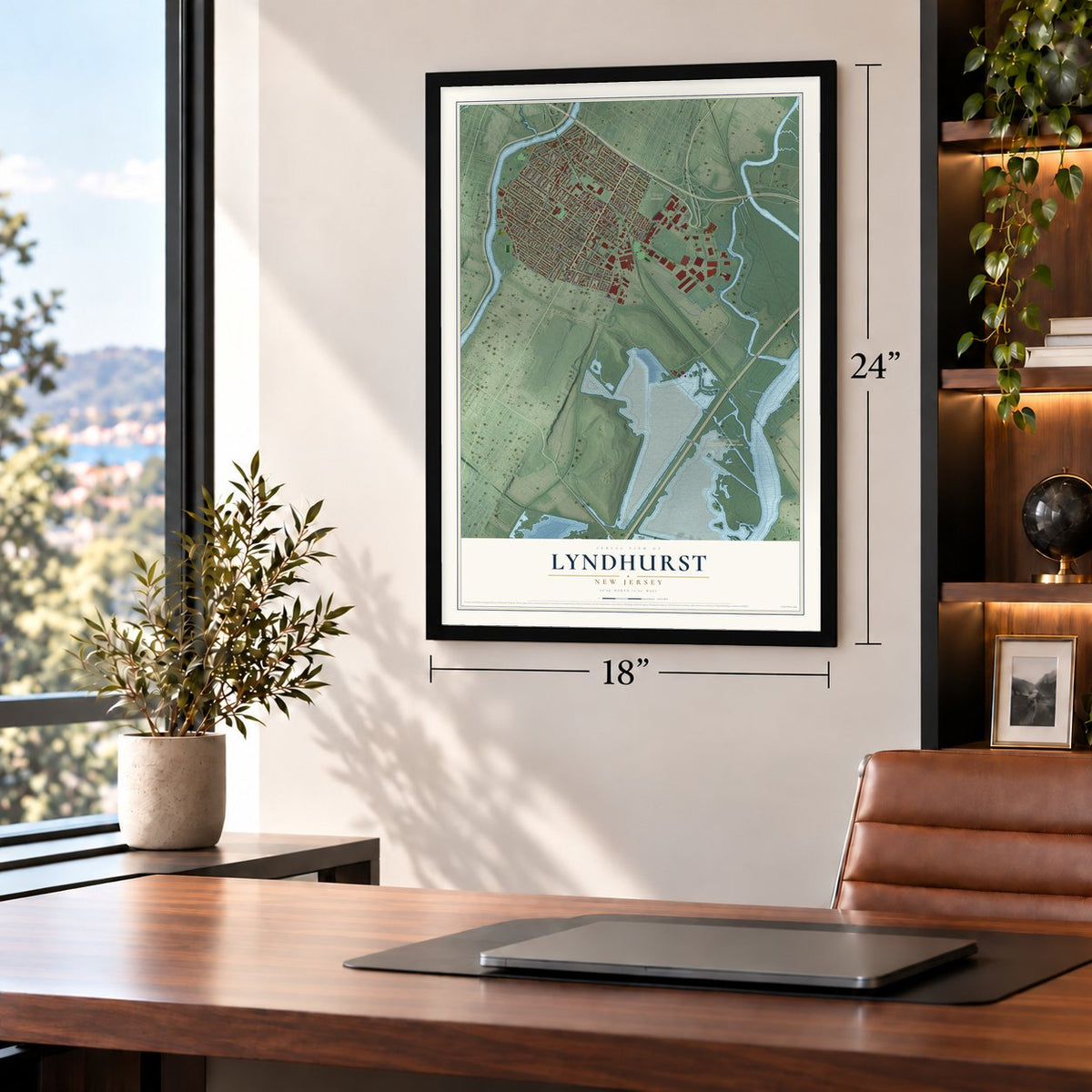 Lyndhurst, New Jersey map, 18 x 24 inch print in a black frame in a home office