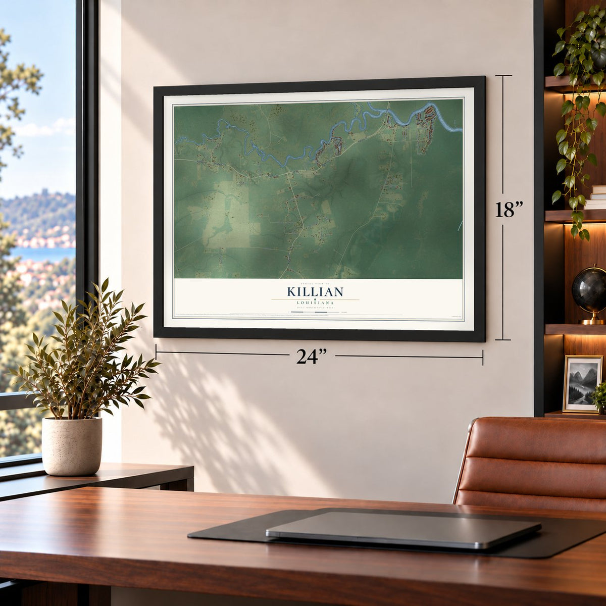 Killian, Louisiana map, 18 x 24 inch print in a black frame in a home office