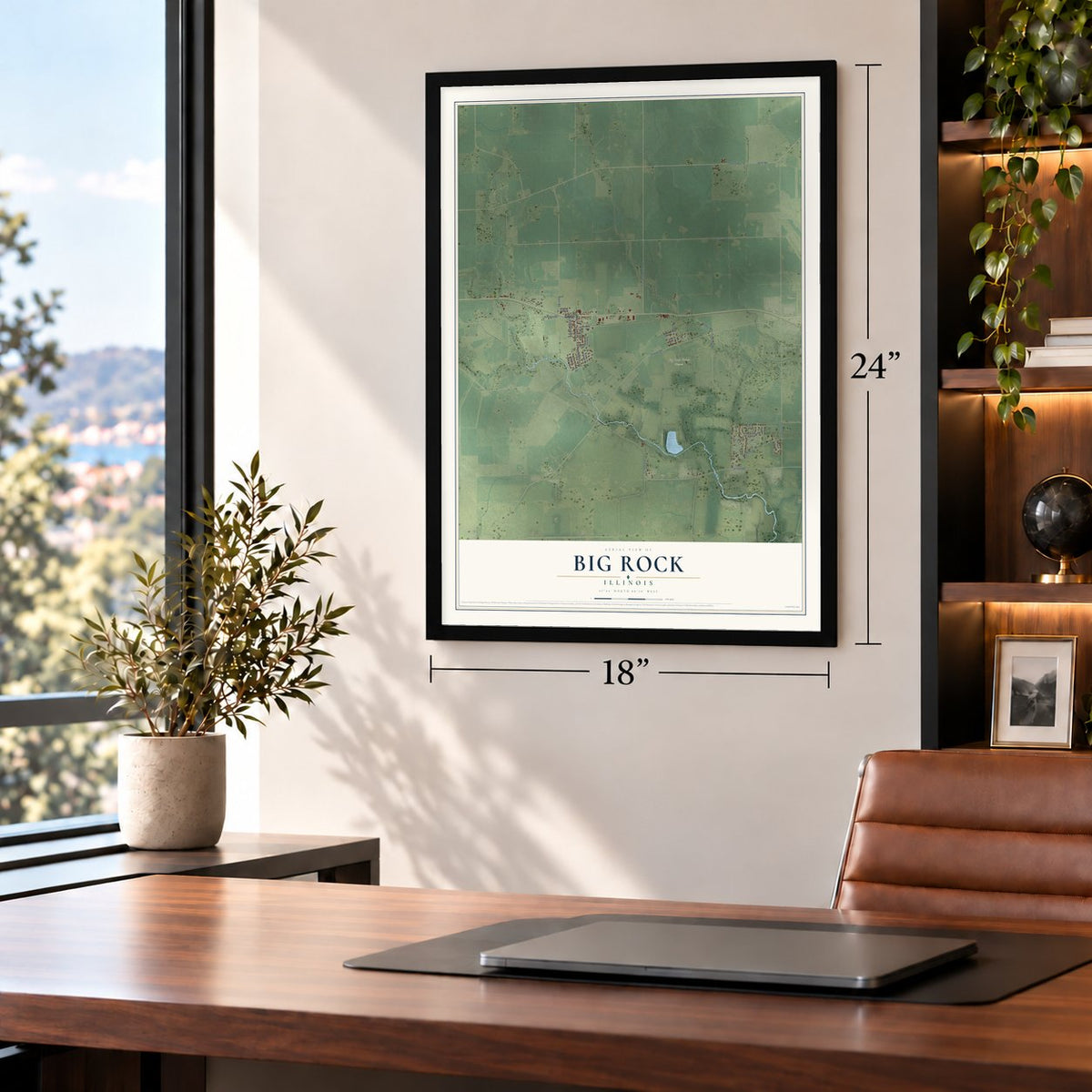Big Rock, Illinois map, 18 x 24 inch print in a black frame in a home office