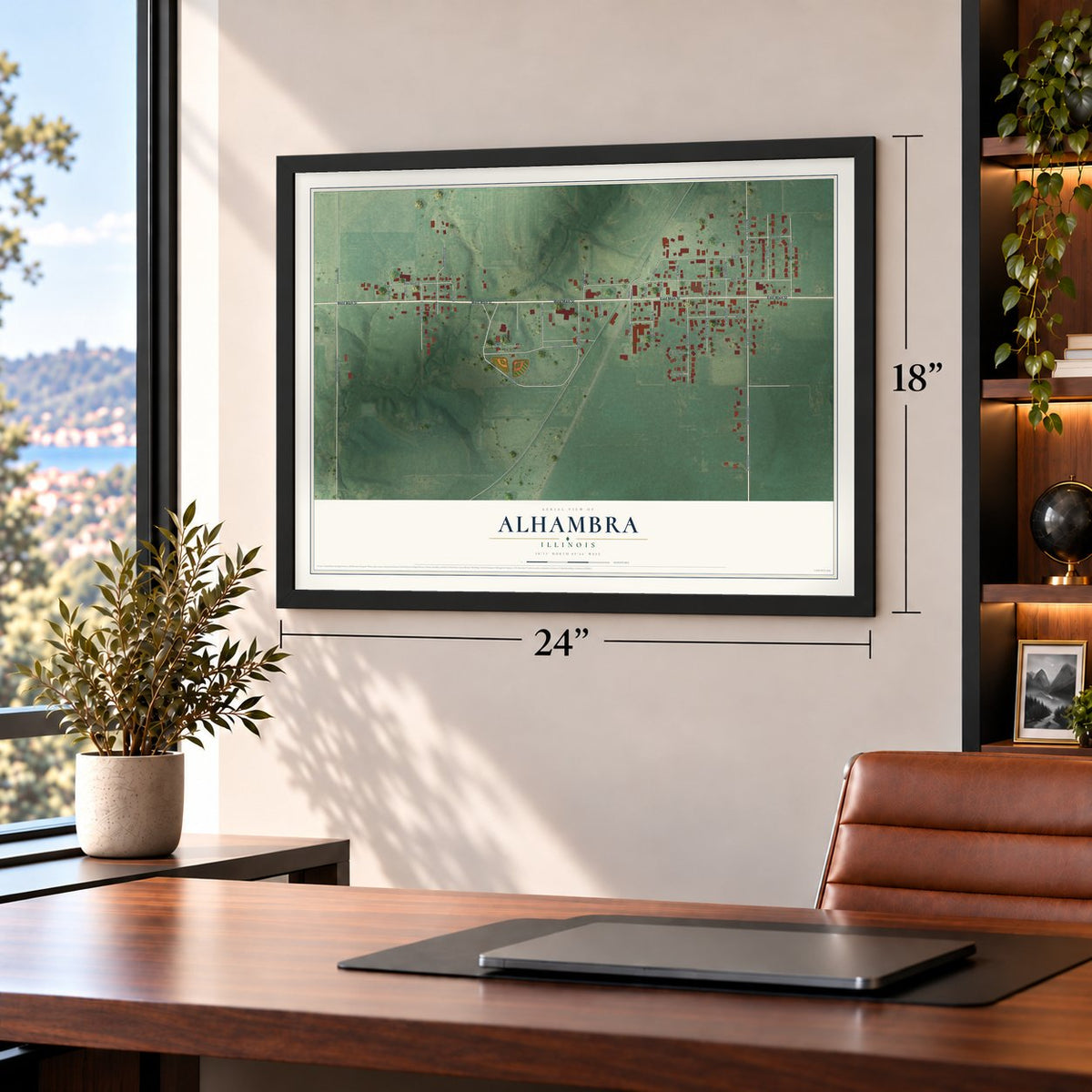 Alhambra, Illinois map, 18 x 24 inch print in a black frame in a home office