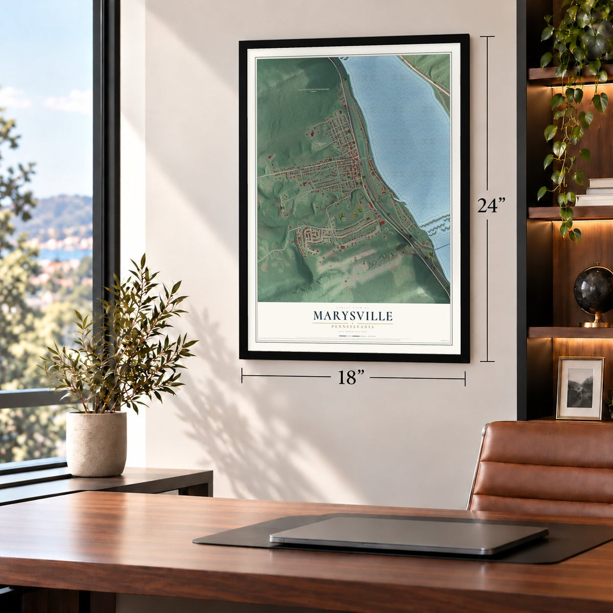 Marysville, Pennsylvania map, 18 x 24 inch print in a black frame in a home office