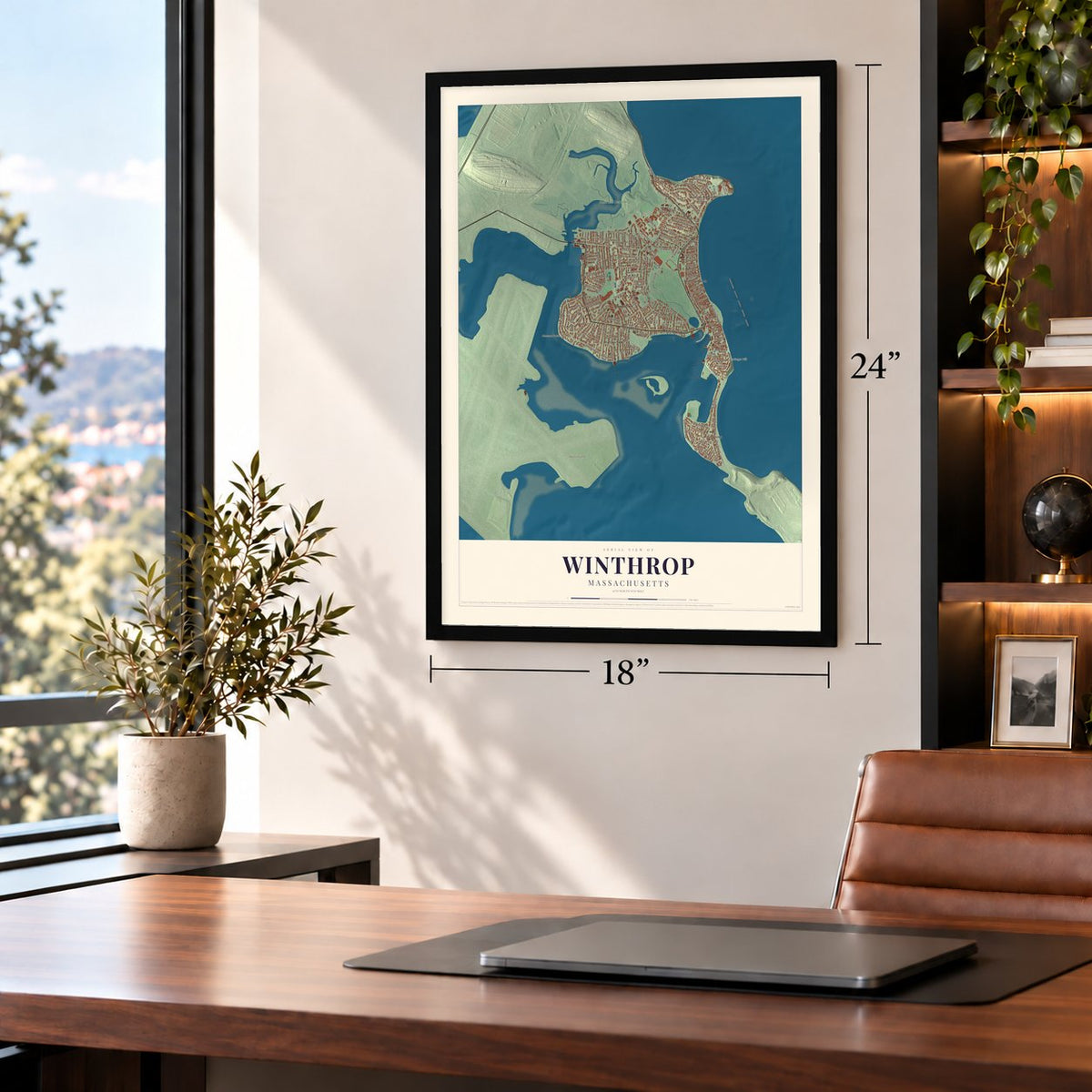Winthrop, Massachusetts map, 18 x 24 inch print in a black frame in a home office